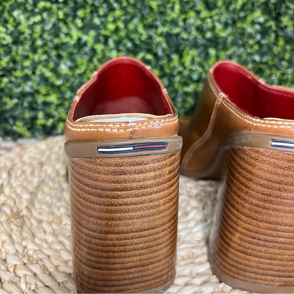 Tommy Hilfiger Brown Leather Mule Shoes with Chunky Wood Heel Slip On - Picture 8 of 8